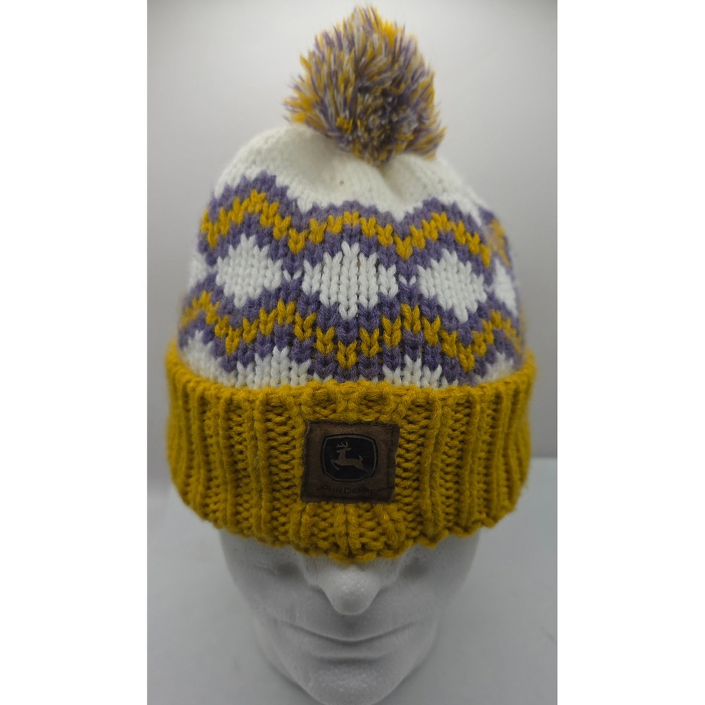 Genuine John Deere‎ Knit Beanie Winter Hat Pom Pom Yellow Purple